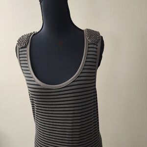 2B.Rych Charcoal and Black Striped Maxi Dress with Embellished Shoulders